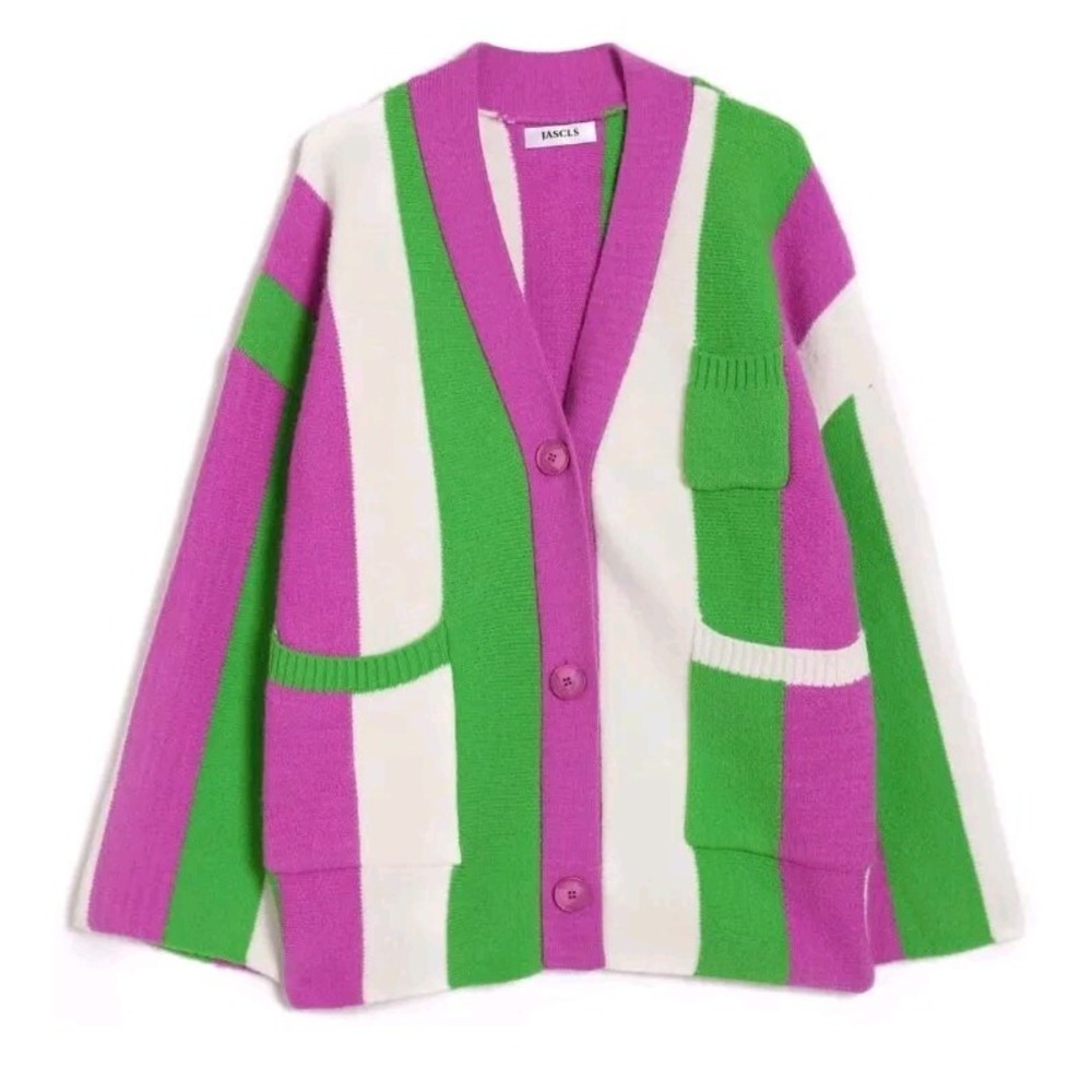 JASCLS Colorblock Cardigan Sz‎ L Purple Green Cream Chunky Knit Retro Style